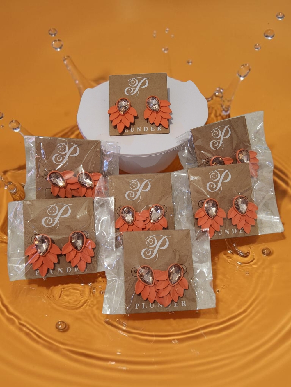 Bundle Of 6 Pcs Plunder Orange Petal Drop Earrings with Crystal Teardrop Accent